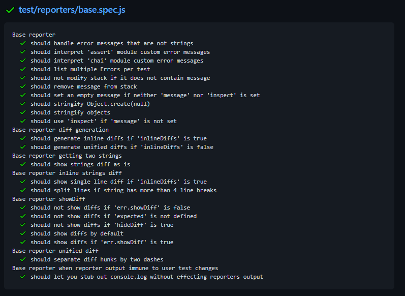 Mocha test groups report displaying grouped test results with counts of passed, failed, and skipped tests. The table format and color-coded badges help users quickly assess test suite health.