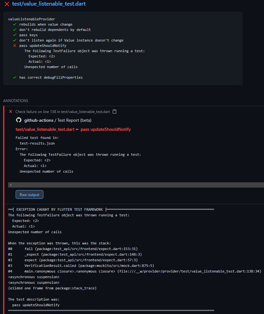 Provider error details panel showing a specific test failure with a detailed error message, stack trace, and code annotation. The environment is consistent with GitHub Actions UI, focusing on clarity and accessibility.
